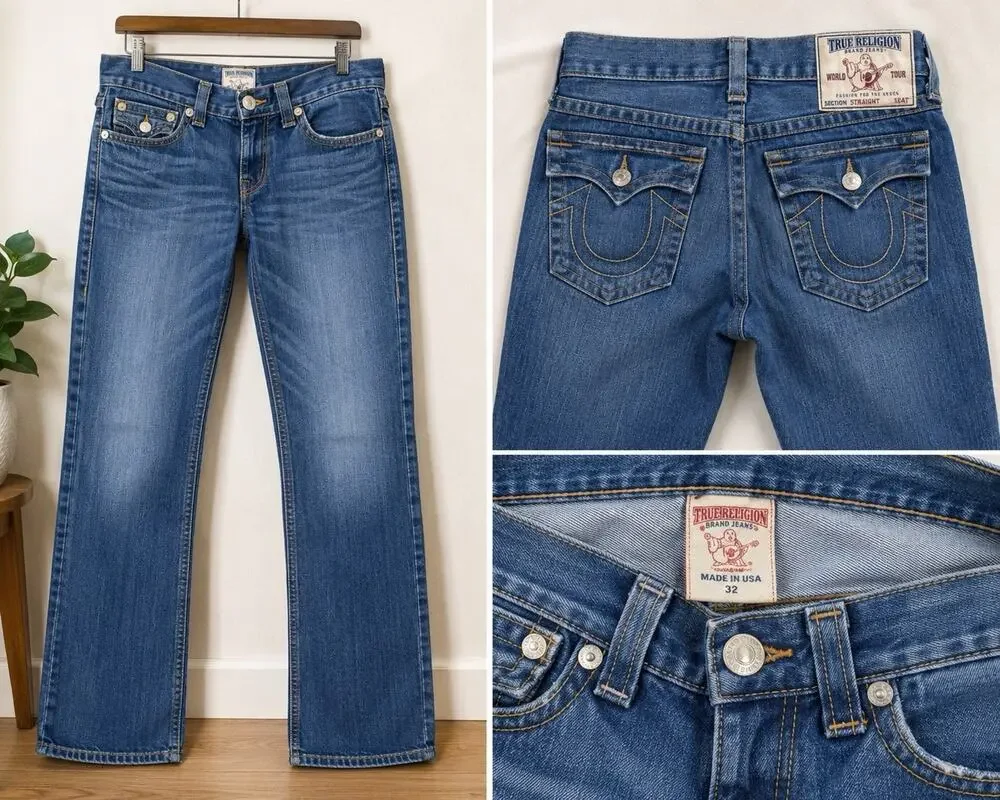 True Religion World Tour Straight Jeans Mens 33x32 Made In USA Medium Wash Denim